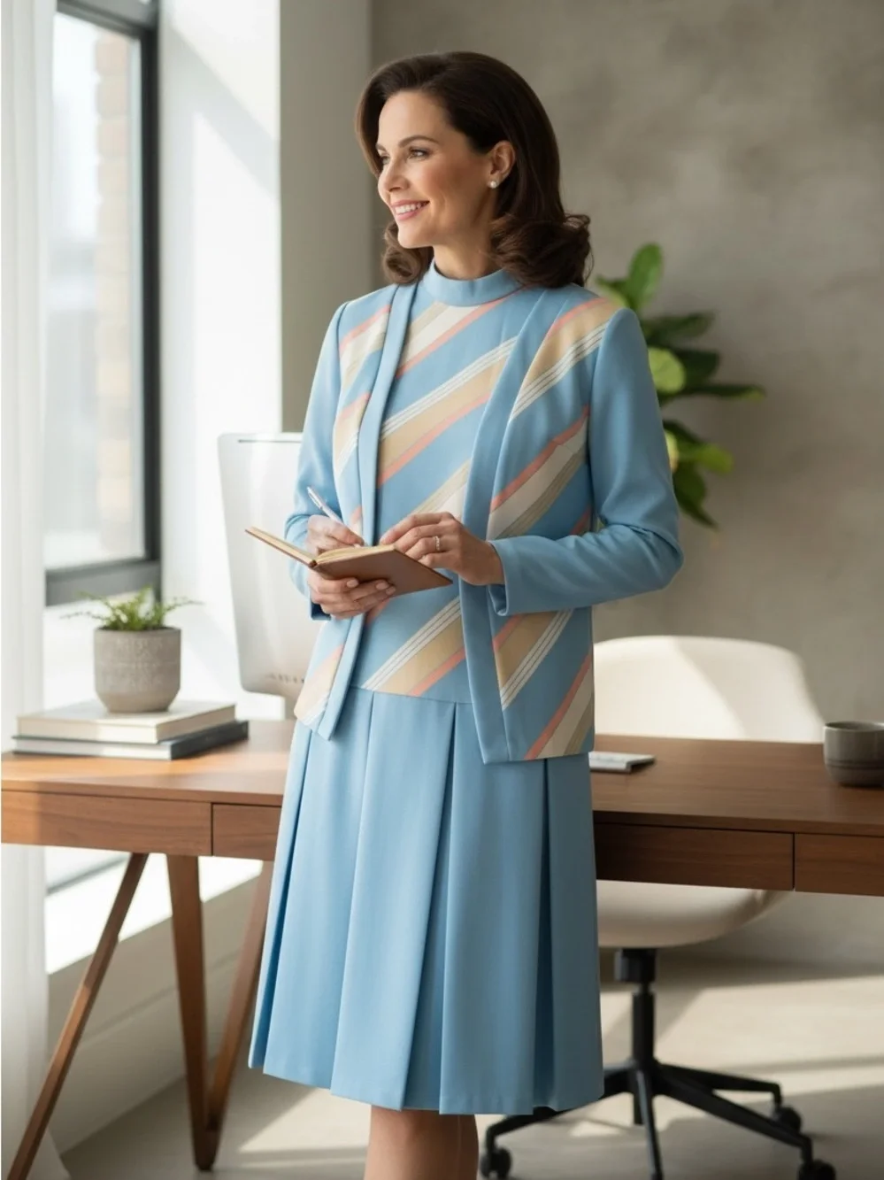Vintage 1960s Mod Pastel Stripe Dress & Jacket Set Blue Pleated Skirt 2pc